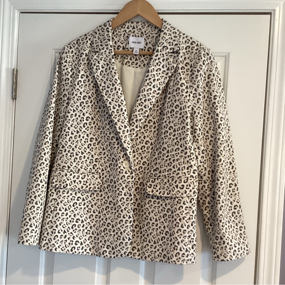 Nine West Cotton Animal Cheetah Print Blazer Jacket 10
